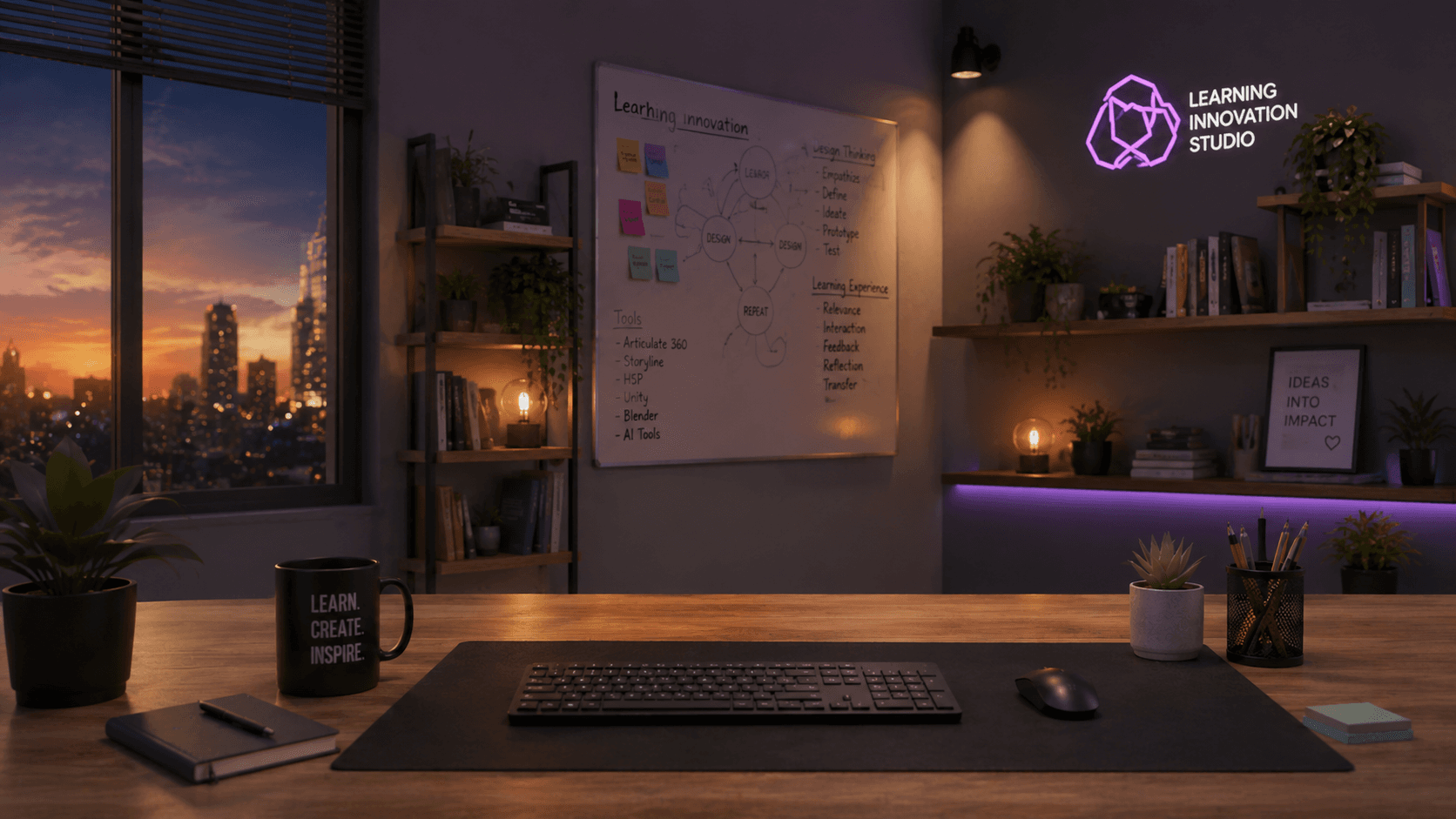 Mein digitales Creative Studio: Schreibtisch mit Monitoren, Tafel, Pflanzen und warmem Abendlicht