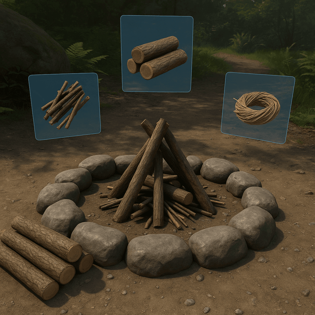 VR-Aufgabe: Lagerfeuer mit Hilfsmitteln bauen